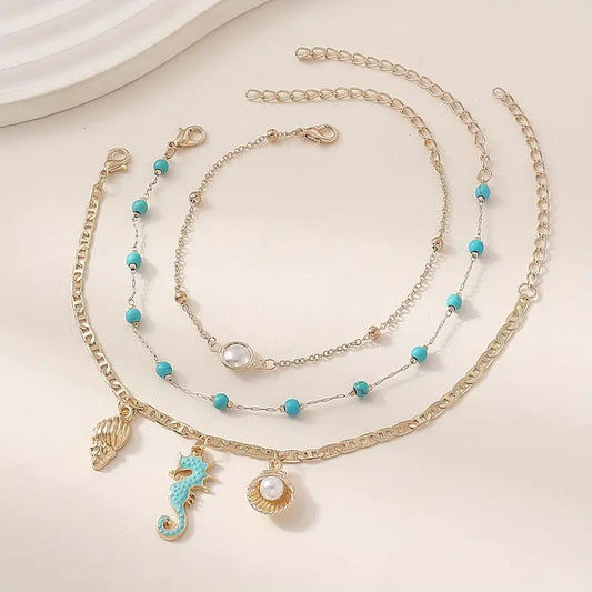 Ocean Whisper Anklet Set – Seahorse, Conch & Scallop