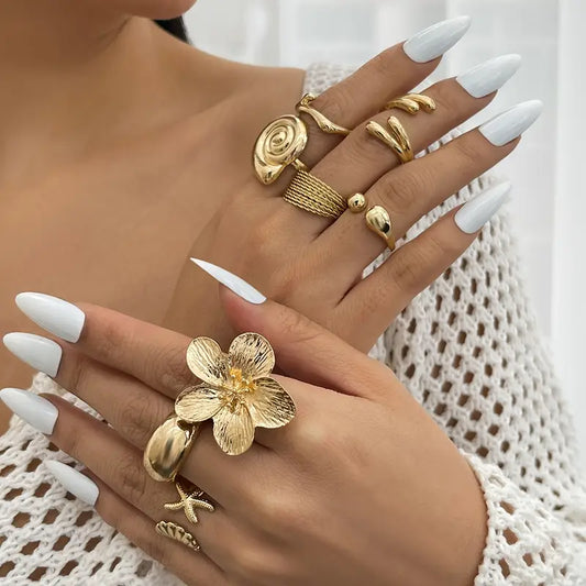 Coastal Bloom Retro Ring Set – 8pcs
